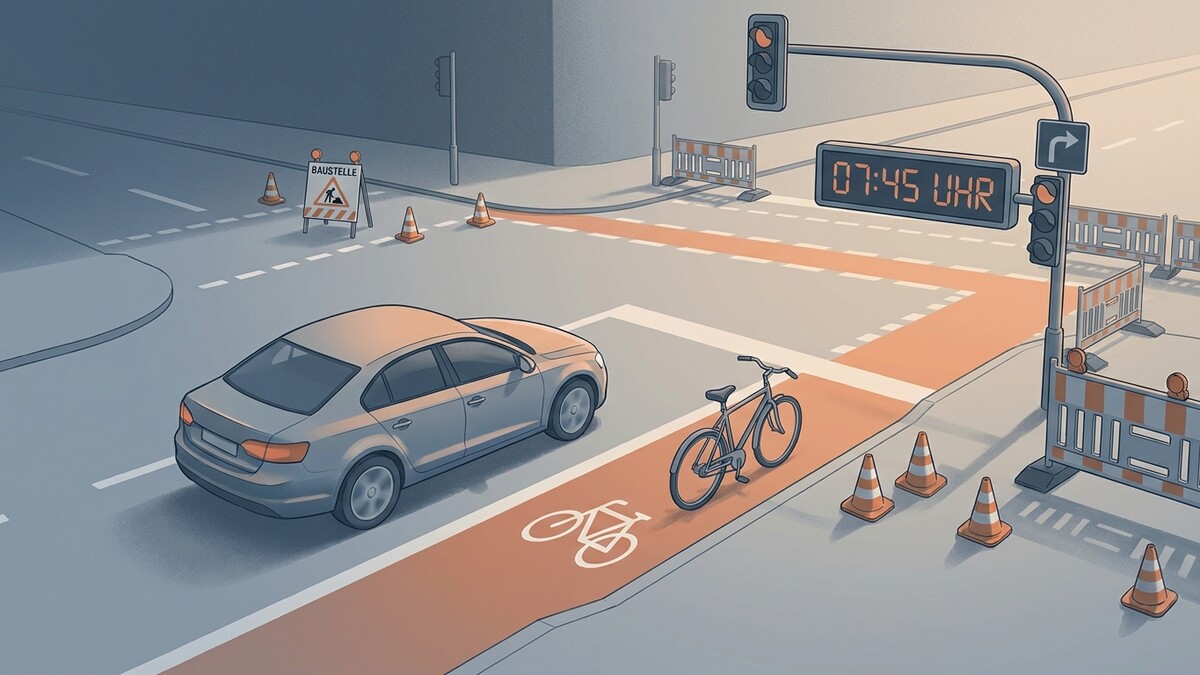 Baustelle mit Verkehr, Radweg, Ampel und digitaler Uhrzeit 07:45 Uhr