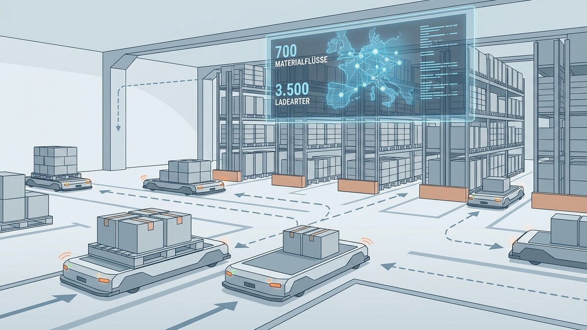 Lagerlogistik mit autonomen fahrerlosen Transportsystemen und Europa-Karte.