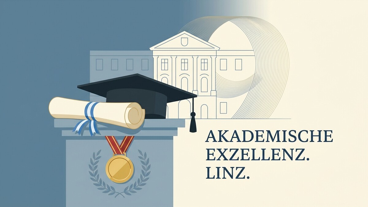 Akademische Exzellenz Linz: Abschlusskappe, Urkunde und Medaille vor Universitätsgebäude