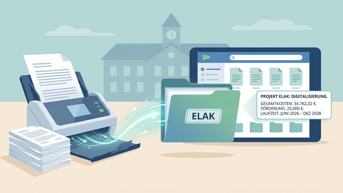 Digitalisierung von ELAK: Drucker scannt Dokumente in Ordner auf Tablet mit Projektinfos