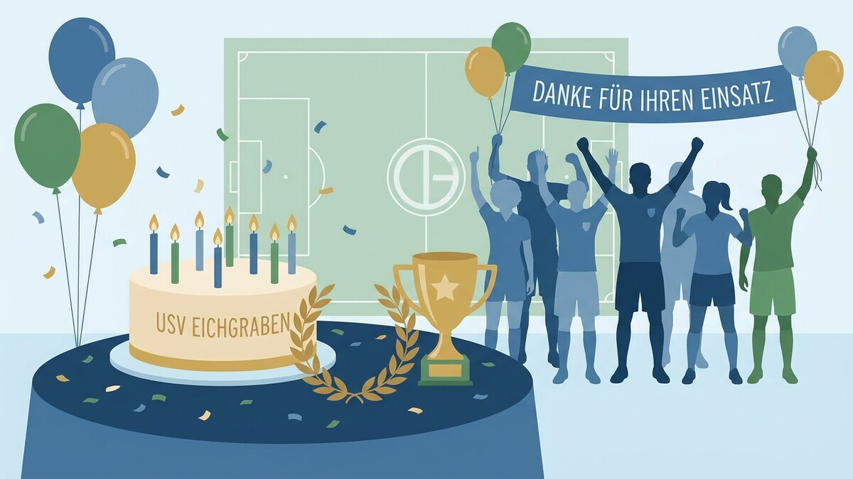 Fußball-Jubiläum USV Eichgraben: Torte, Pokal, Ballone und jubelnde Sportler