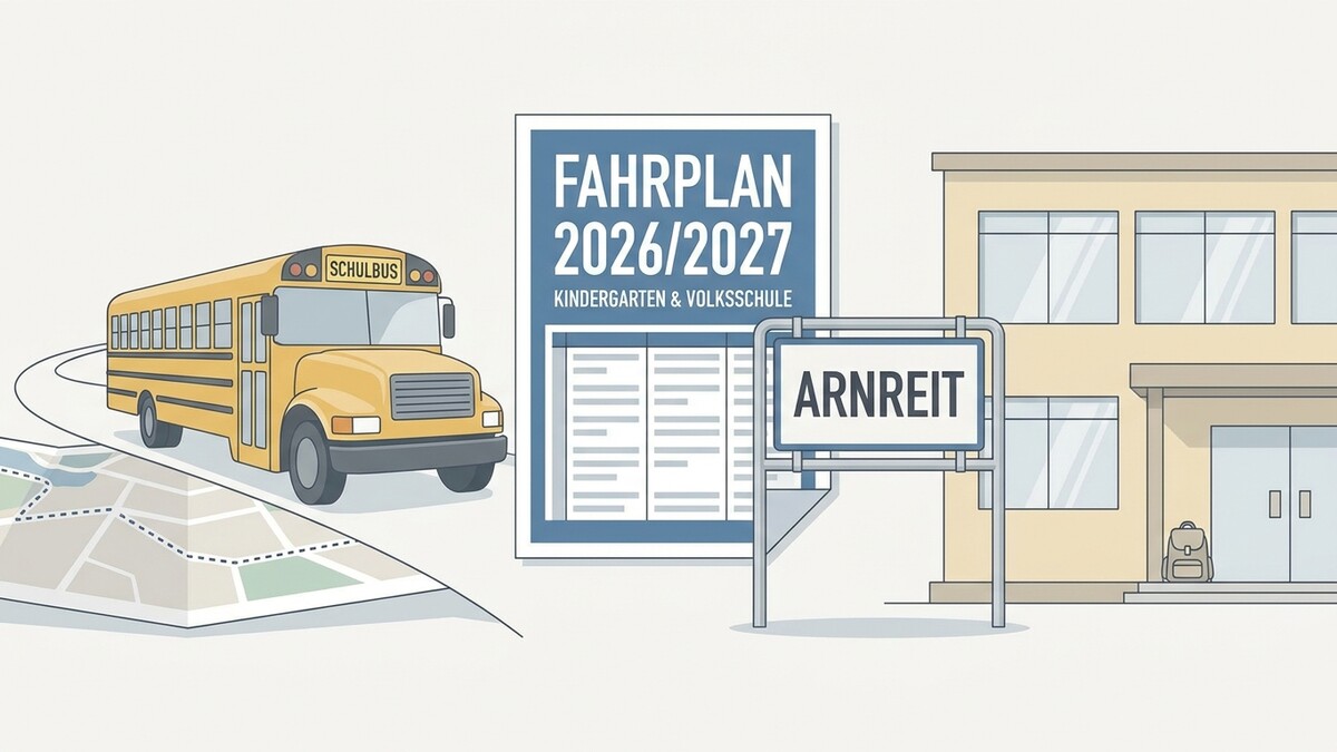 Schulbus, Fahrplan 2026/2027 Kindergarten & Volksschule, Ortsschild Arnreit, Schule