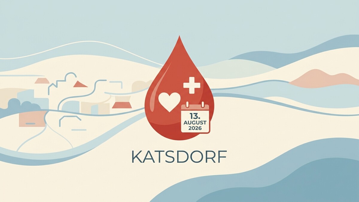 Blutspende Katsdorf 13. August 2026 mit Herz und Kreuzsymbol