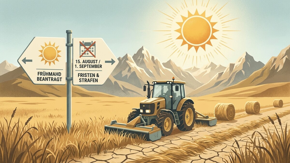 Traktor mit Mähwerk auf trockenem Feld, Hinweisschild mit Sonne und Kalender