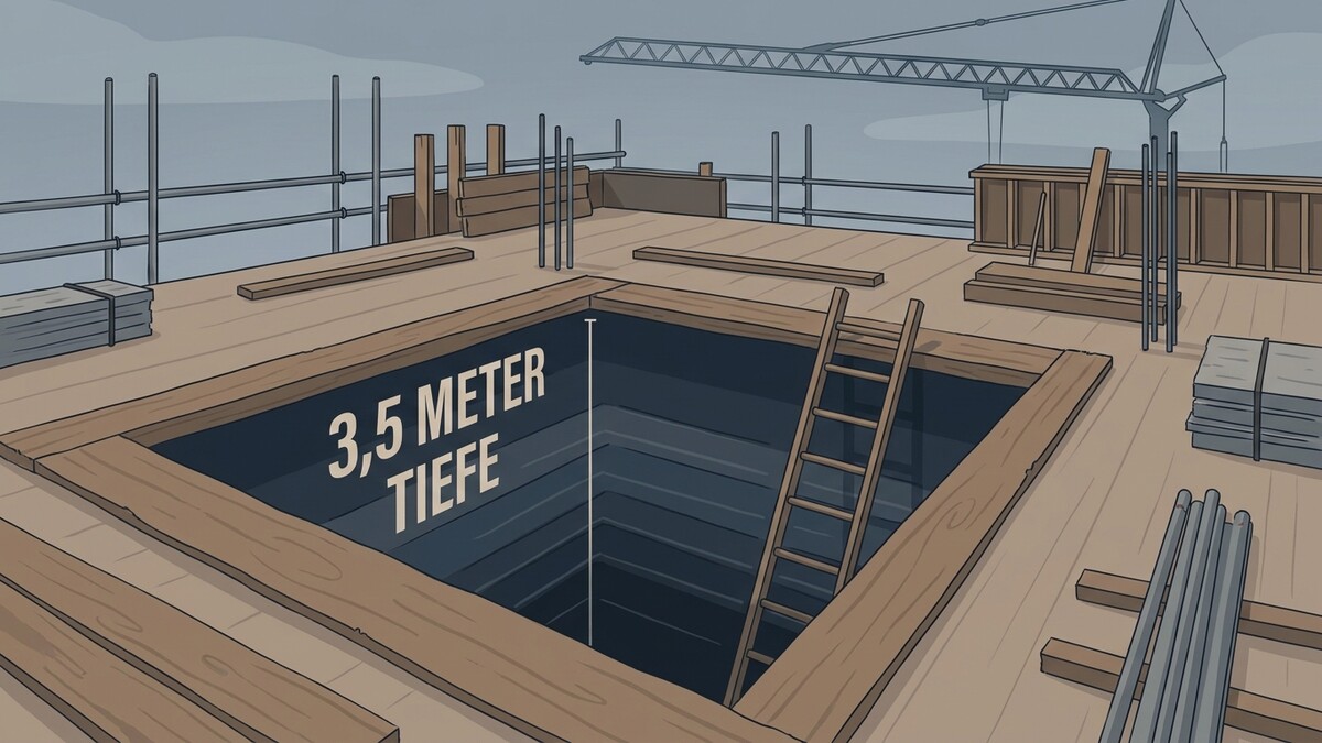 Baustelle mit Schacht von 3,5 Meter Tiefe und Leiter