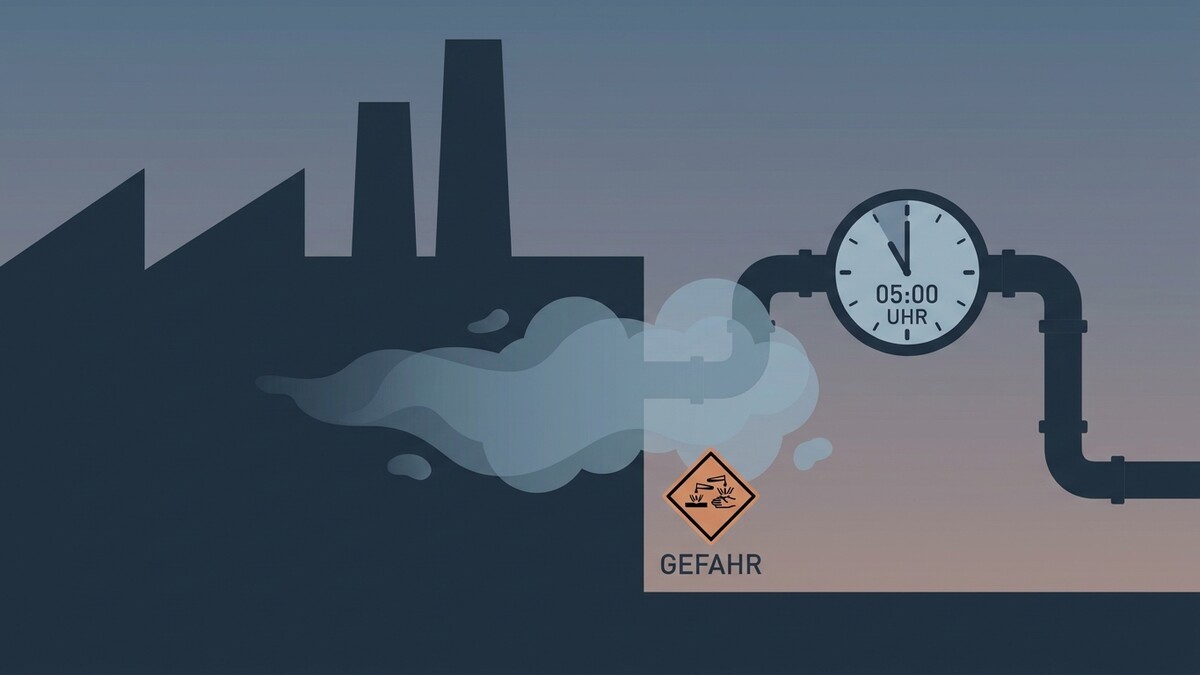 Rauchwolken von Fabrik, Uhr zeigt 05:00 Uhr, Gefahrensymbol.