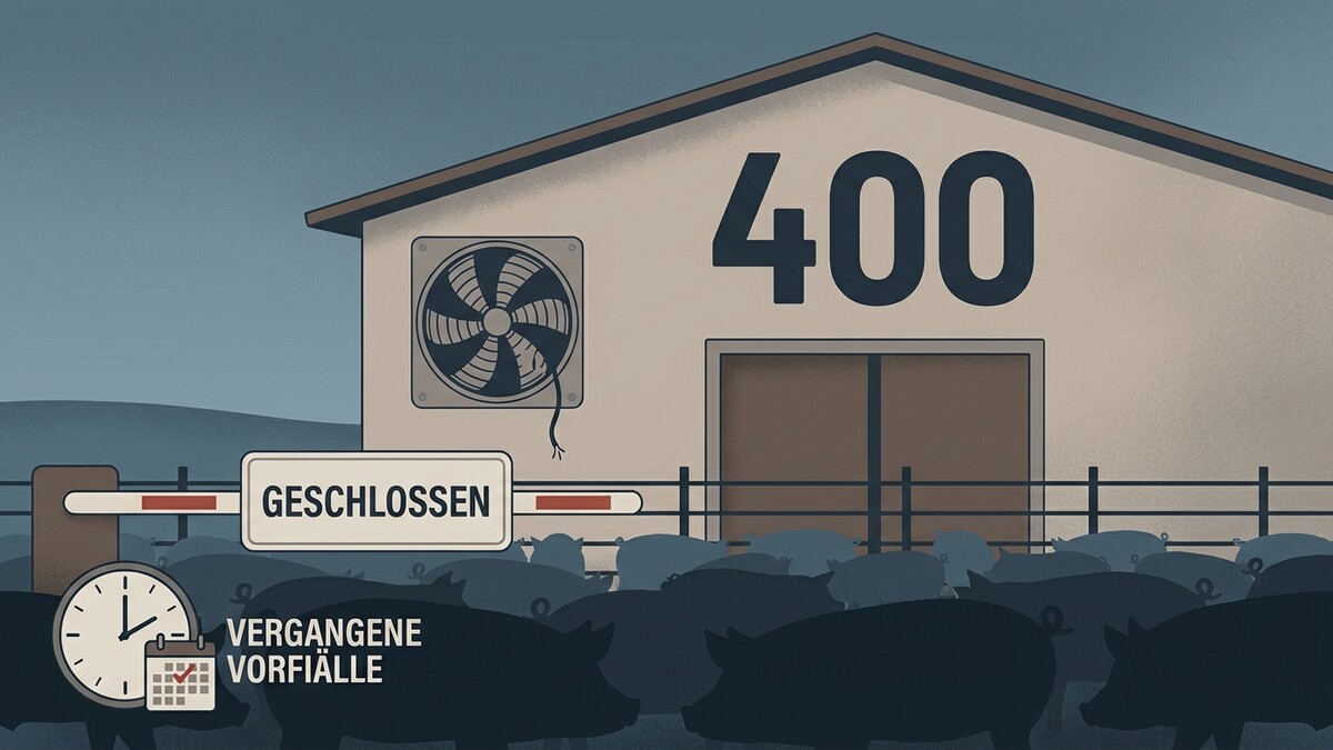 Schweinefarm mit Schild "Geschlossen", Lüfter und der Zahl 400