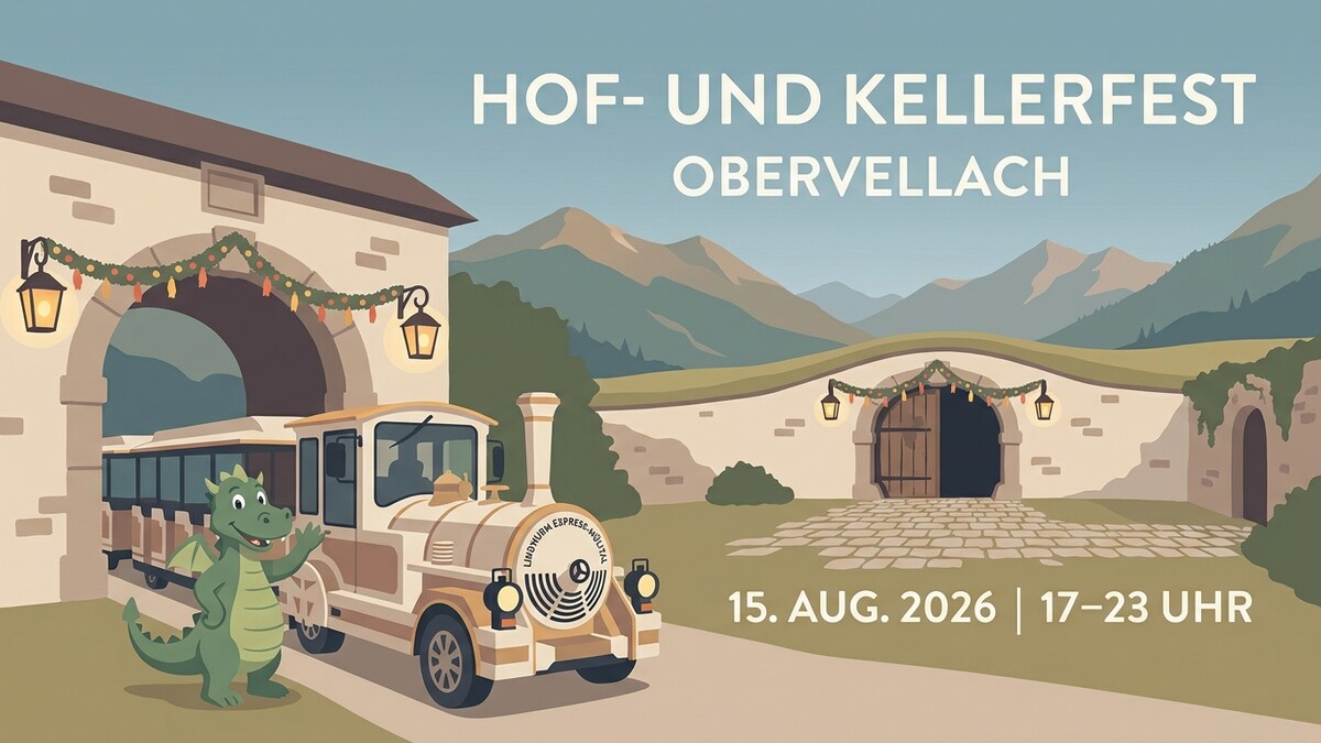Hof- und Kellerfest Obervellach: Drache mit Bimmelbahn vor Torbögen