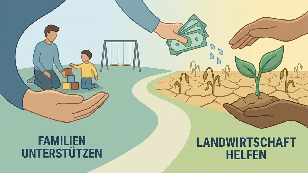 Landwirtschaft helfen, trockener Boden, Geld und ein Setzling, Familien unterstützen, Vater und Kind spielen