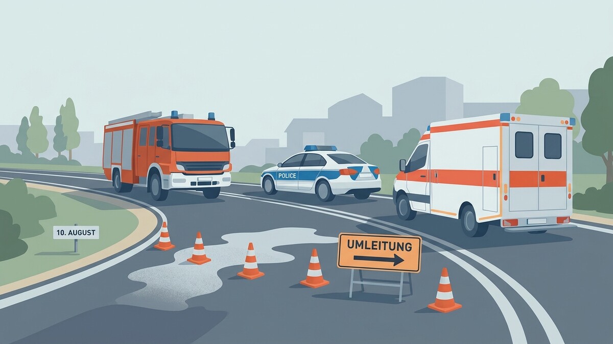 Einsatzfahrzeuge mit Feuerwehr, Polizei und Rettung auf einer Umleitungsstrecke.