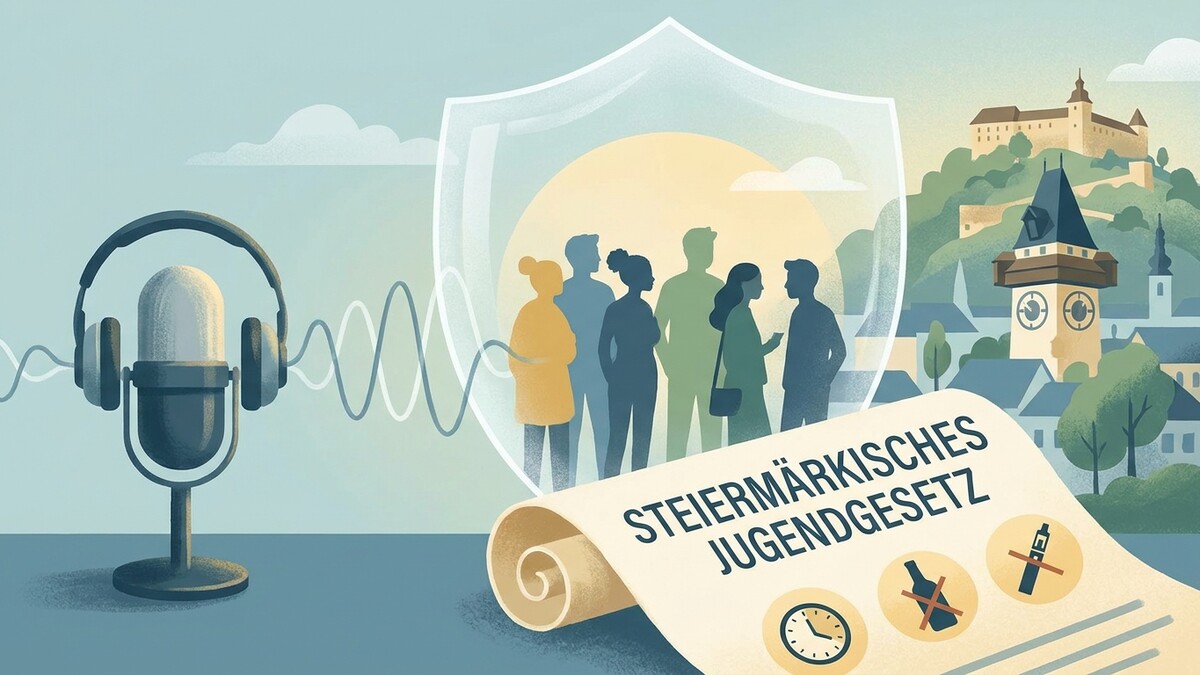 Steiermärkisches Jugendgesetz: Mikrofon, Kopfhörer, Menschen unter Schutzschild, Grazer Uhrturm