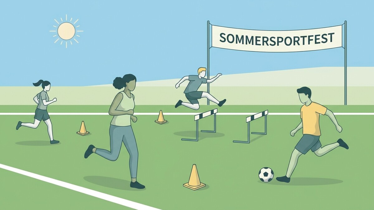 Sommersportfest mit Läufern, Hürdenläufer und Fußballspieler auf einer Wiese