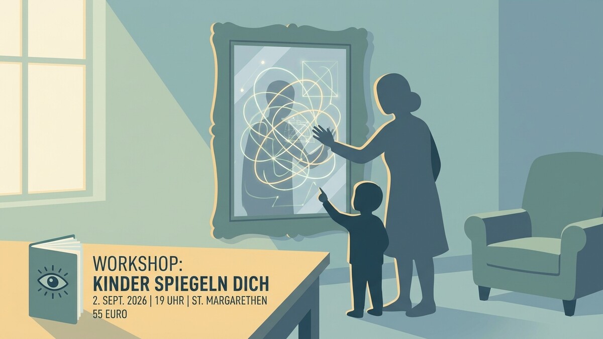 Kinder Spiegeln Dich Workshop: Eine Frau und ein Kind betrachten ein abstraktes Muster in einem Spiegel.