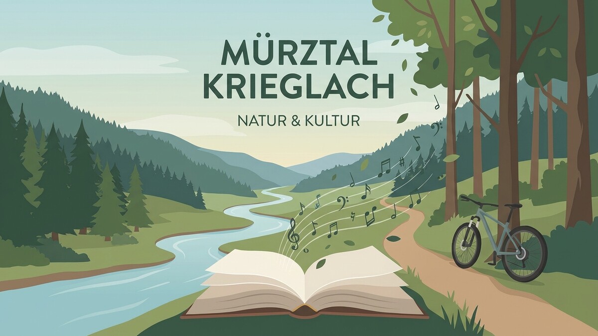 Mürztal Krieglach: Offenes Buch mit Noten, Rad und Naturlandschaft