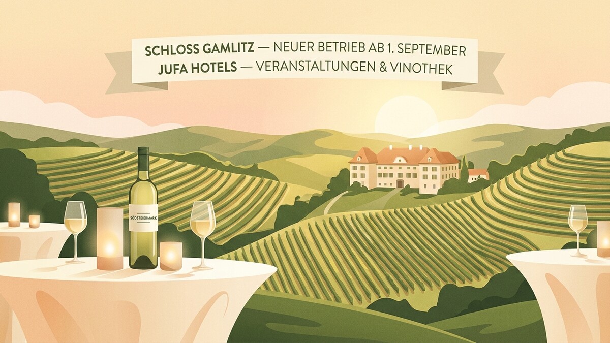 Schloss Gamlitz, Südsteiermark, mit Weinbergen und JUFA Hotels-Banner.