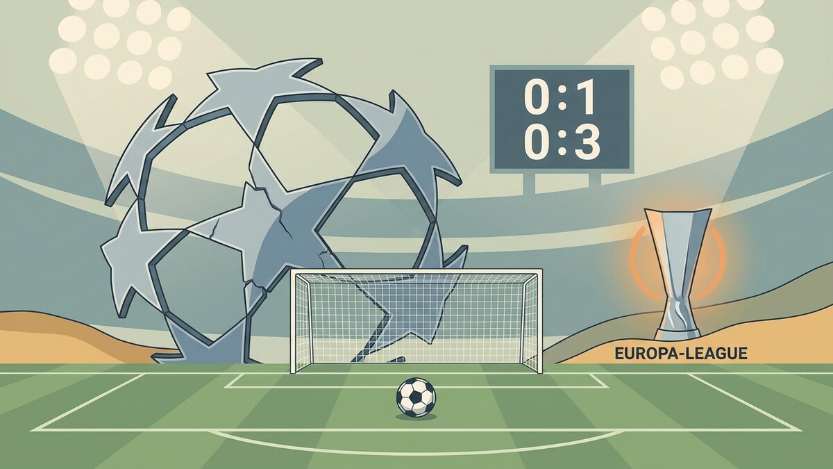 Fußballstadion mit Champions-League-Ball, Tor und Europa-League-Pokal