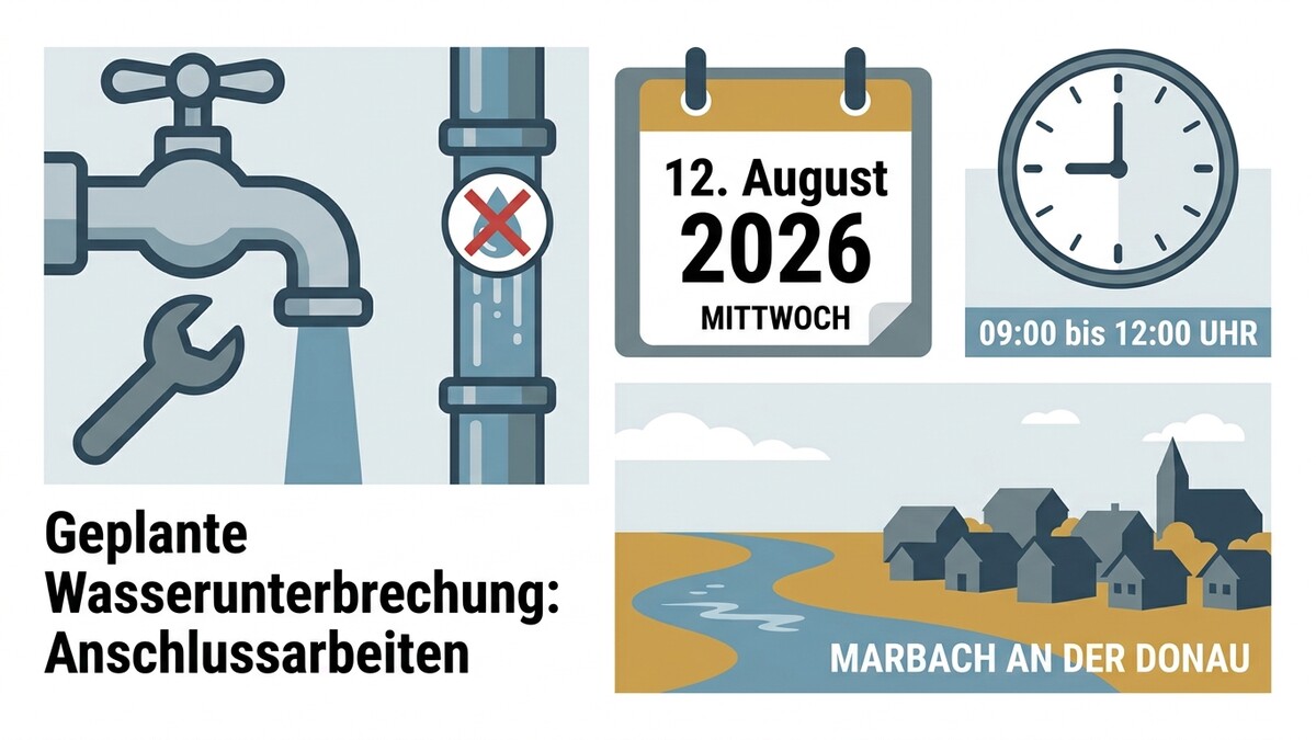 Wasserunterbrechung Marbach an der Donau am 12. August 2026 von 09:00 bis 12:00 Uhr wegen Anschlussarbeiten.
