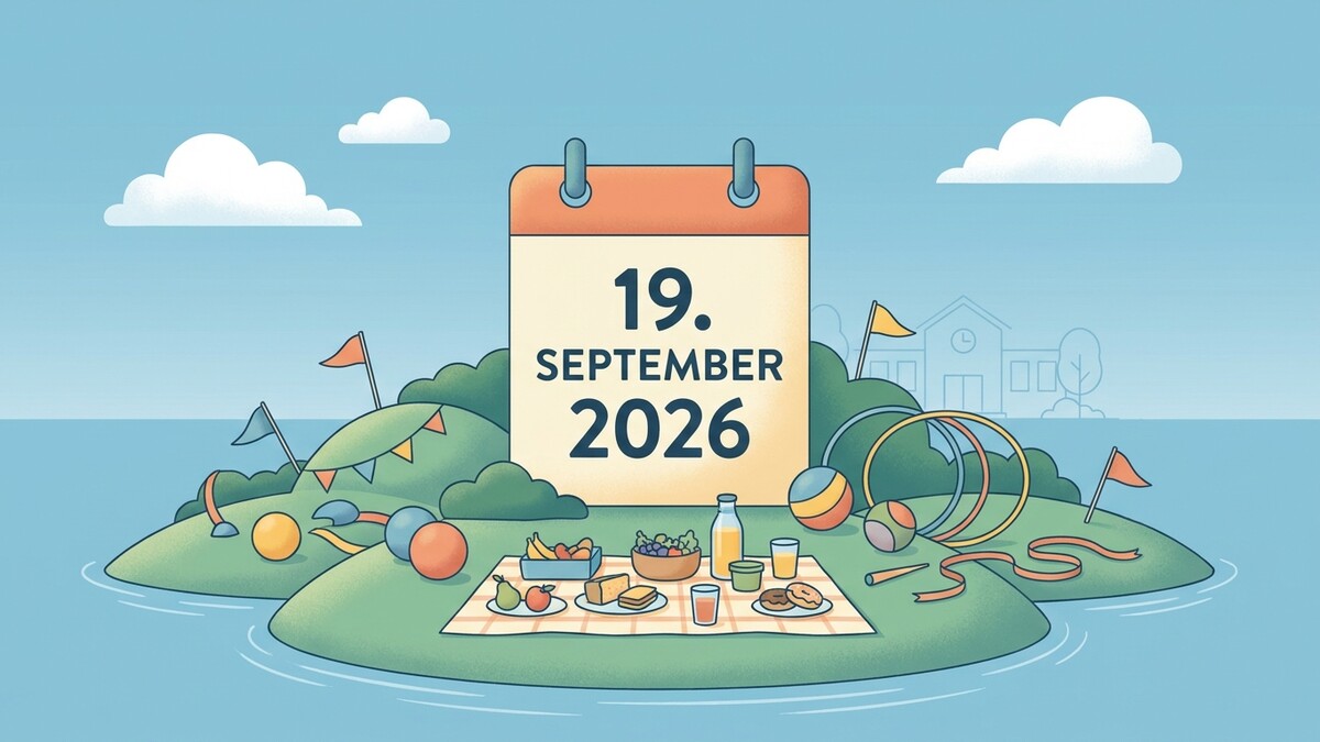 19. September 2026 Kalenderblatt über Picknick mit Spielzeug und Fähnchen auf Inseln