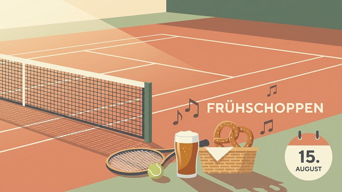 Tennisplatz mit Netz, Schläger, Ball, Bier, Brezeln und Kalenderblatt 15. August