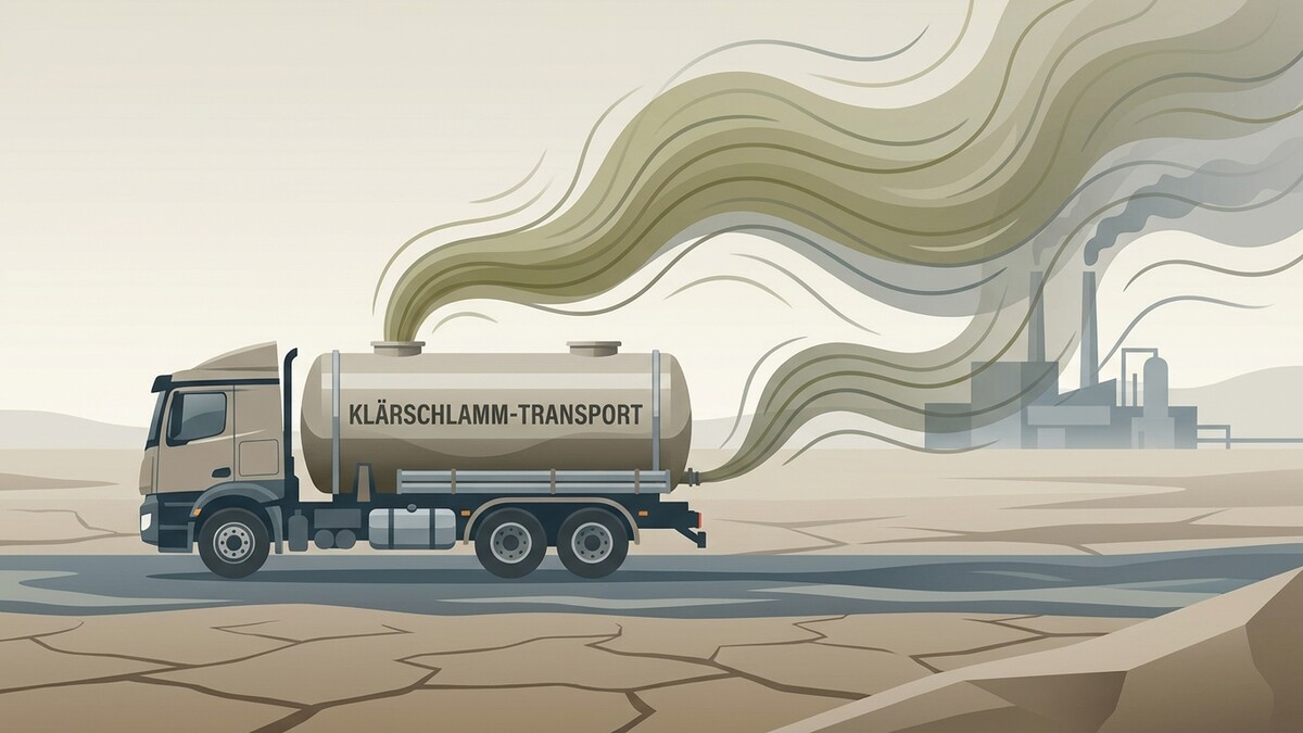 Klärschlamm-Transport-LKW mit Rauchwolken vor Industrieanlage in trockener Landschaft.