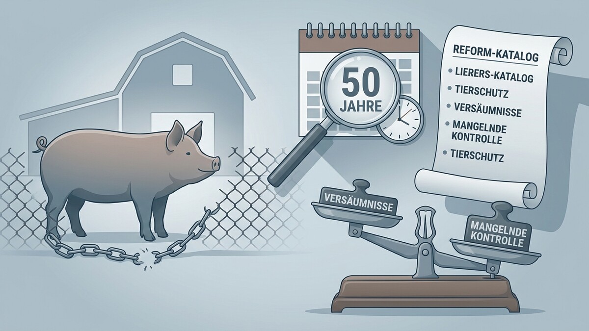 Schweinehaltung: Kette zerbrochen, Kalender mit Lupe 50 Jahre, Waage mit Versäumnissen und mangelnder Kontrolle