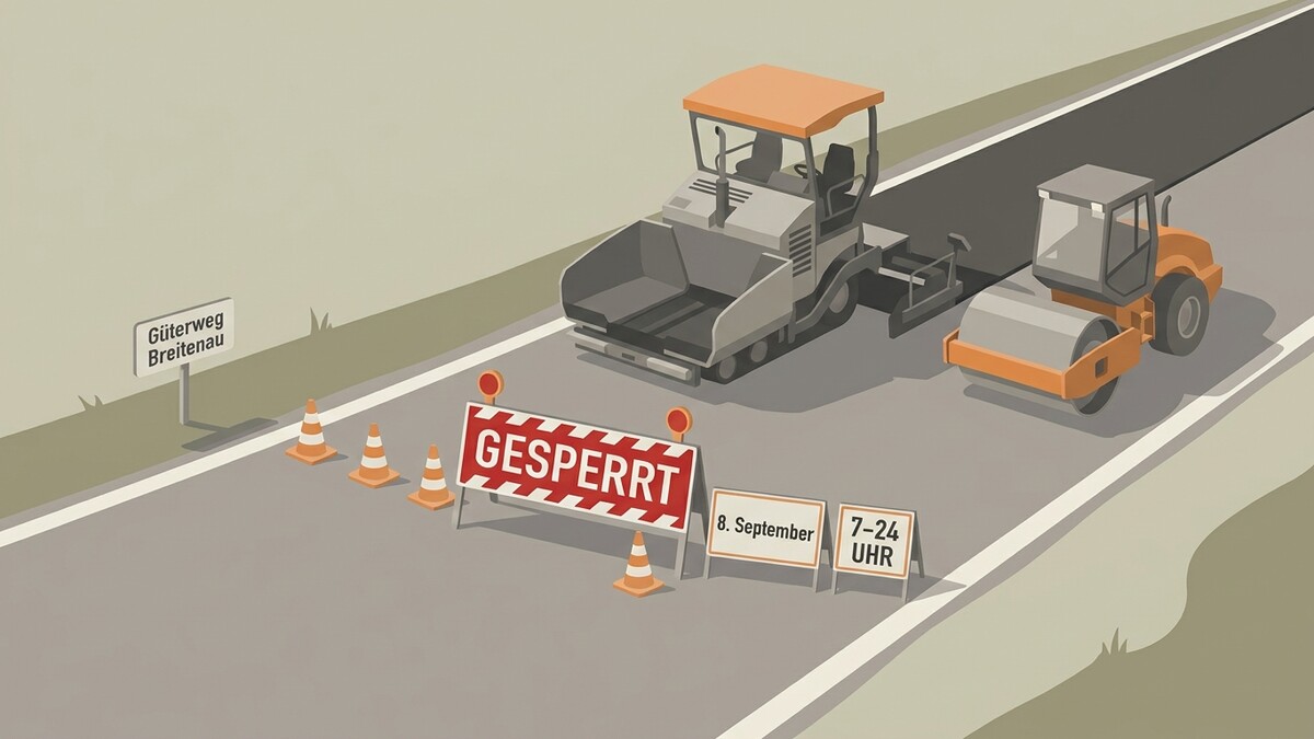 Straßenbauarbeiten Güterweg Breitenau: Fahrbahn gesperrt am 8. September von 7-24 Uhr, zwei Walzen.
