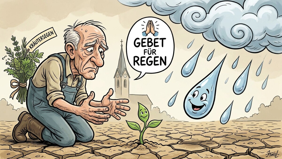 Bauer mit Kräutersegen betet für Regen in trockener Landschaft vor Kirche, Regenwolken und lachende Regentropfen.