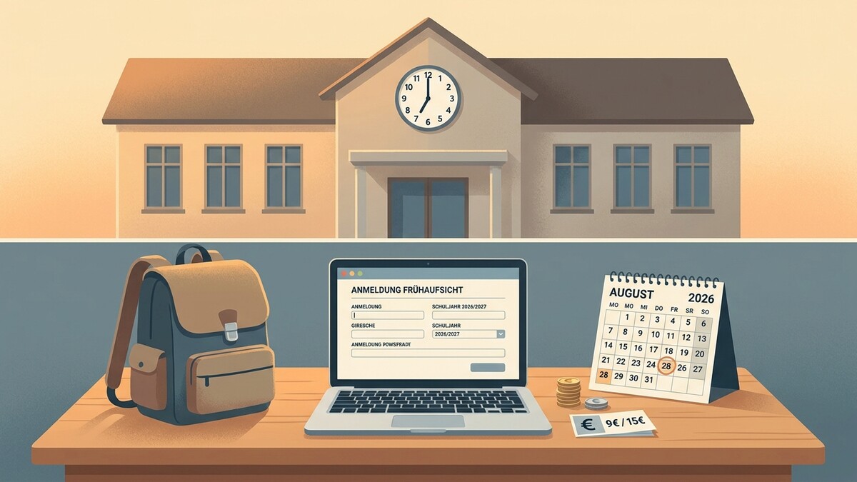 Schulgebäude mit Rucksack, Laptop und Kalender im August 2026