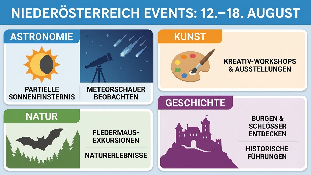 Niederösterreich Events: Astronomie, Kunst, Natur, Geschichte mit Symbolen.