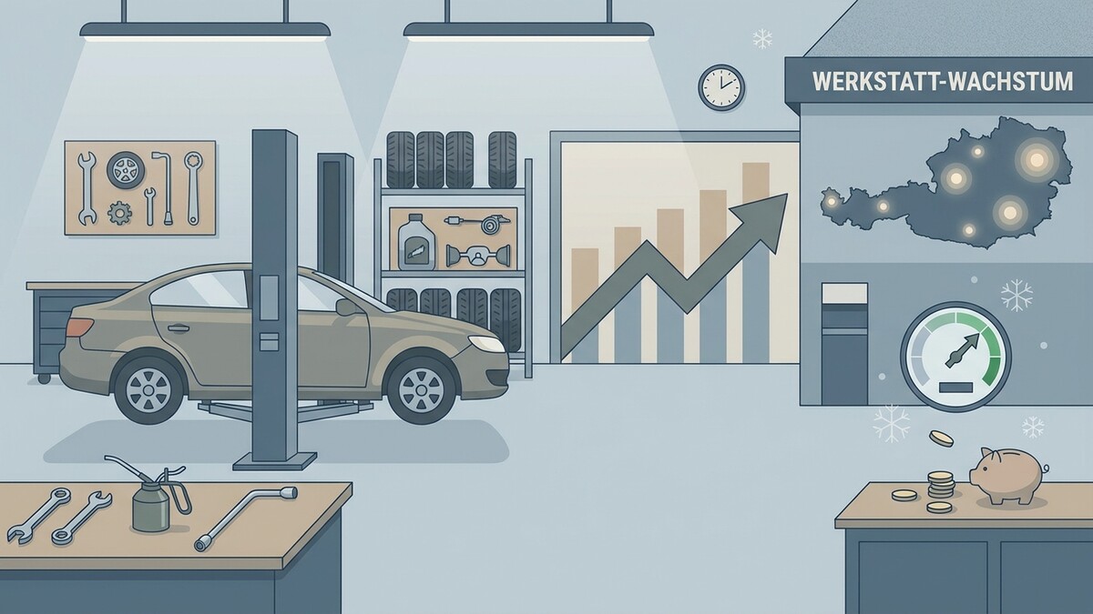 Werkstatt-Wachstum: Auto auf Hebebühne, Reifen, Werkzeug, Diagramm, Österreichkarte, Sparschwein
