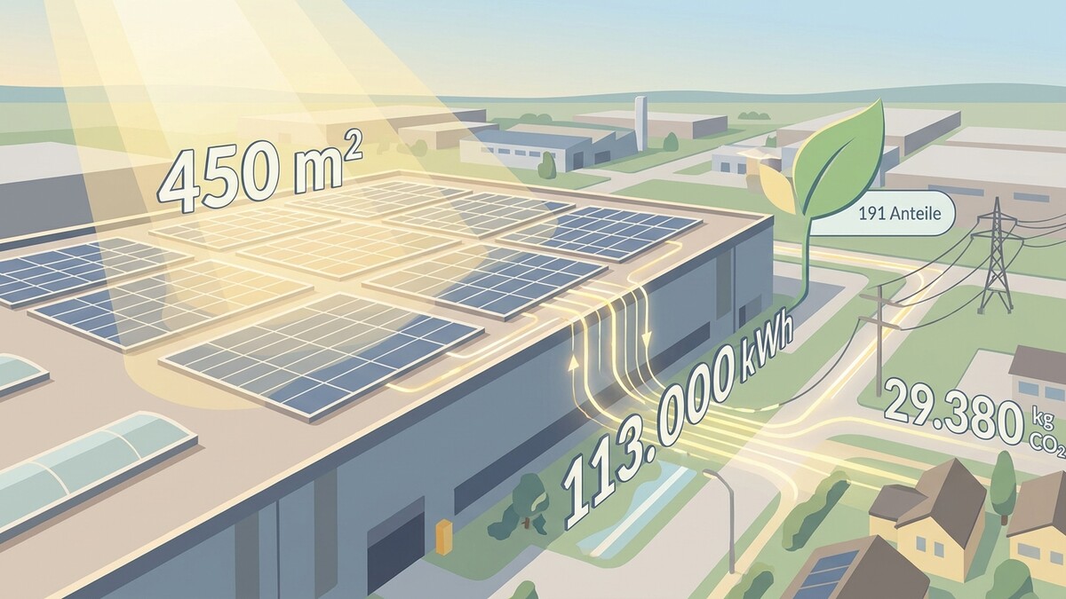 Solarmodule auf Dach erzeugen 113.000 kWh, 450 m², 191 Anteile, 29.380 kg CO₂