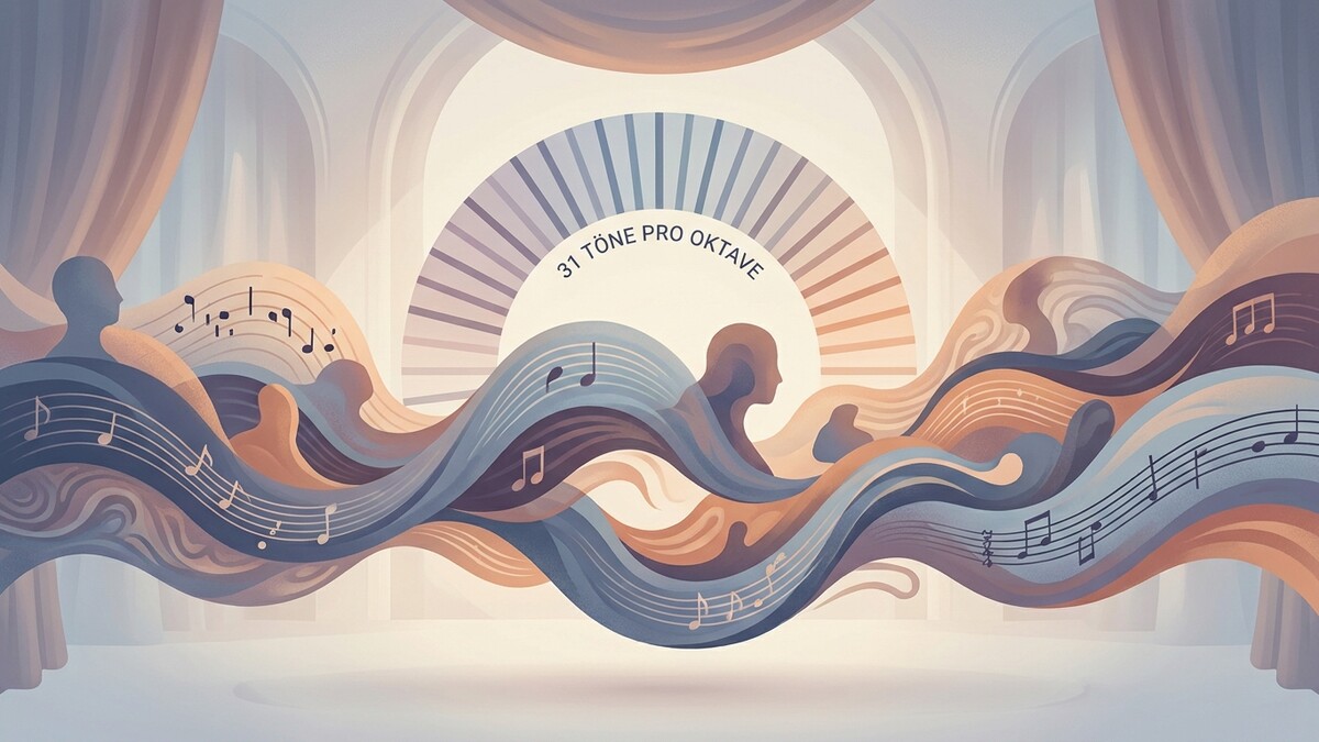 31 Töne pro Oktave: Abstrakte Musikwellen mit Silhouetten und Noten