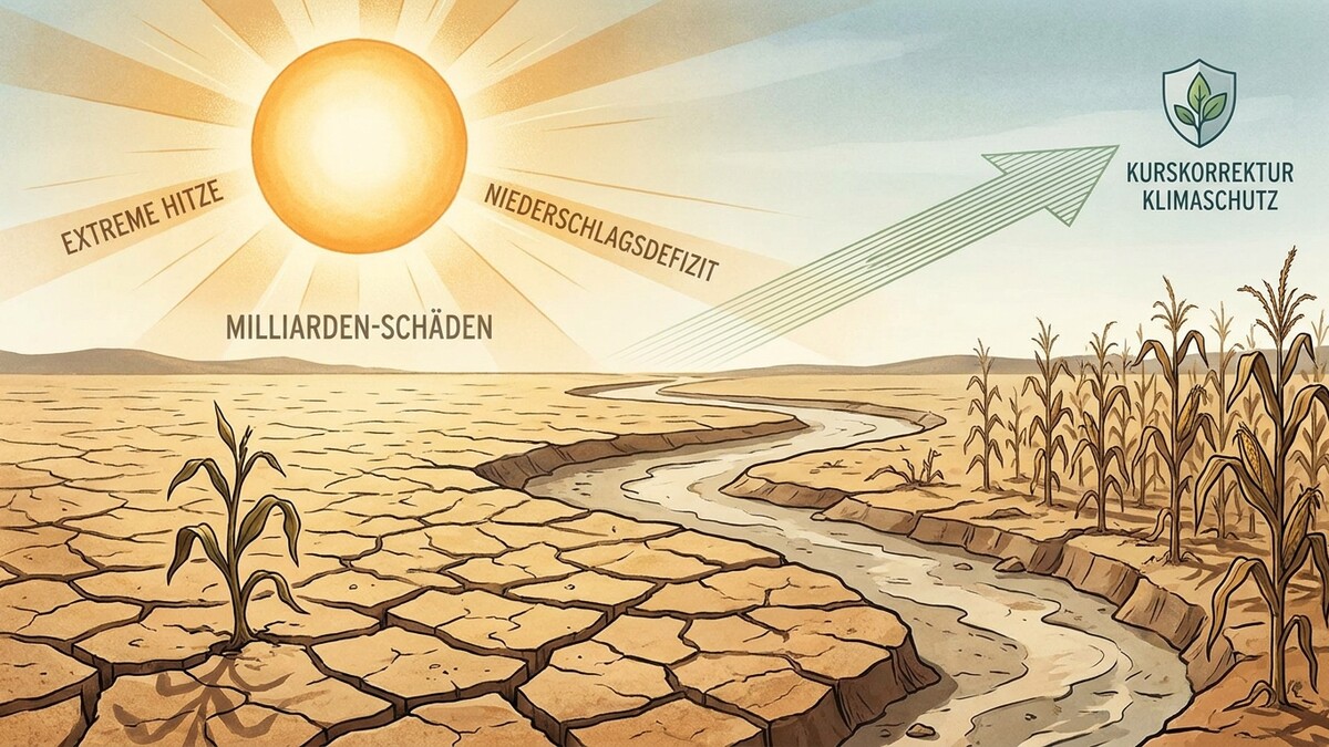 Klimawandel: Extreme Hitze, Niederschlagsdefizit und Milliardenschäden führen zu verdorrten Feldern und einem ausgetrockneten Flussbett.