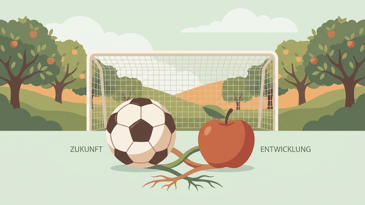 Fußball und Apfel mit Wurzeln vor Fußballtor und Obstbäumen