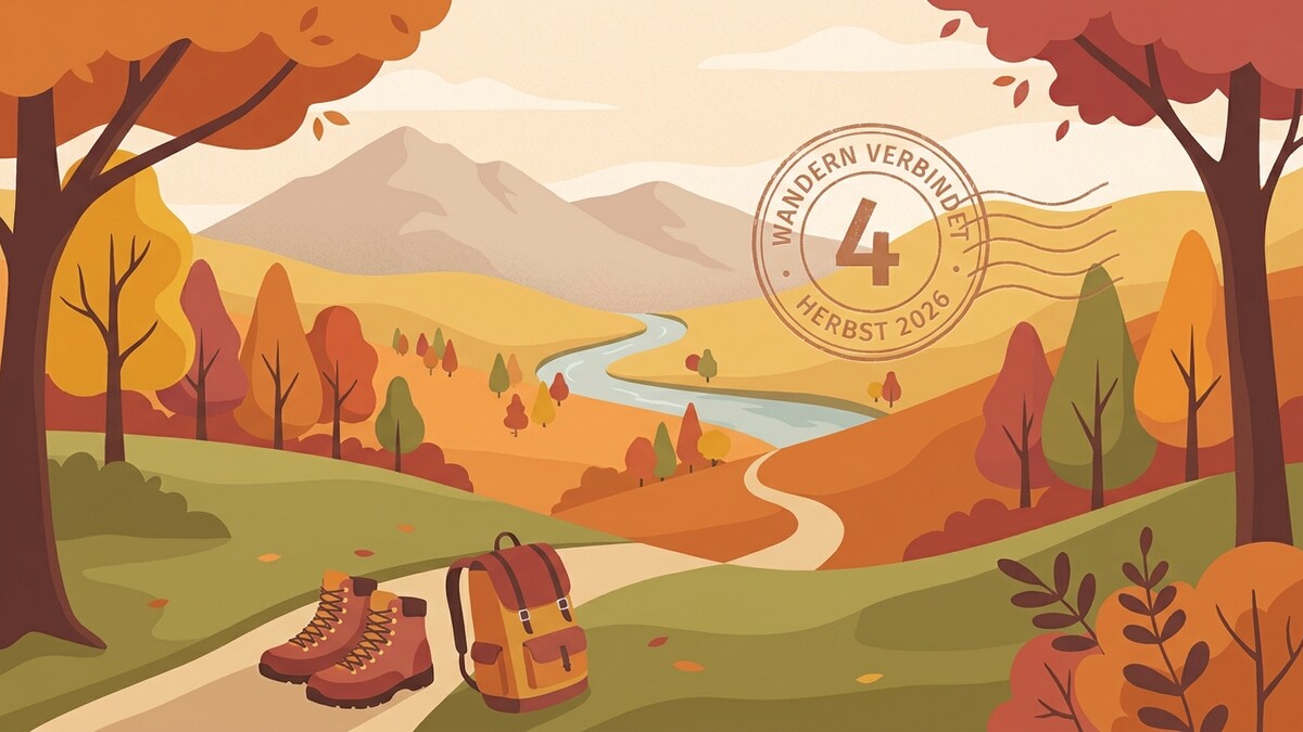 Herbstliche Berglandschaft mit Wanderstiefeln und Rucksack, Stempel "Wandern verbindet 4 Herbst 2026"