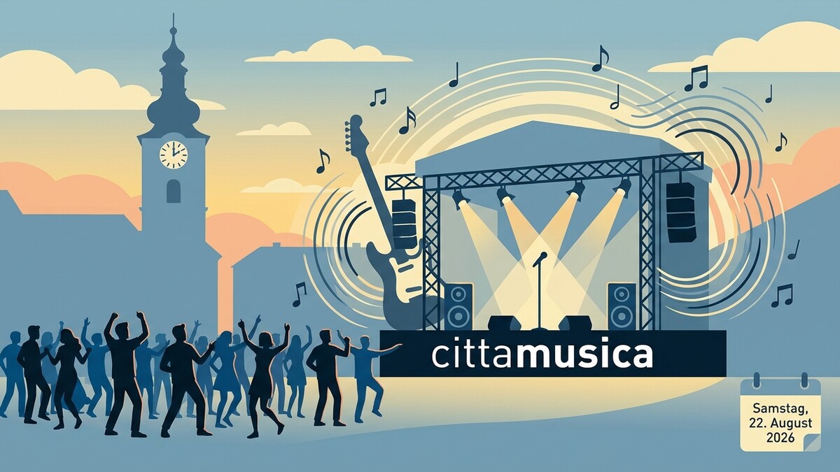 Konzertbühne mit Gitarre und tanzendem Publikum vor Kirchturm, Samstag 22. August 2026