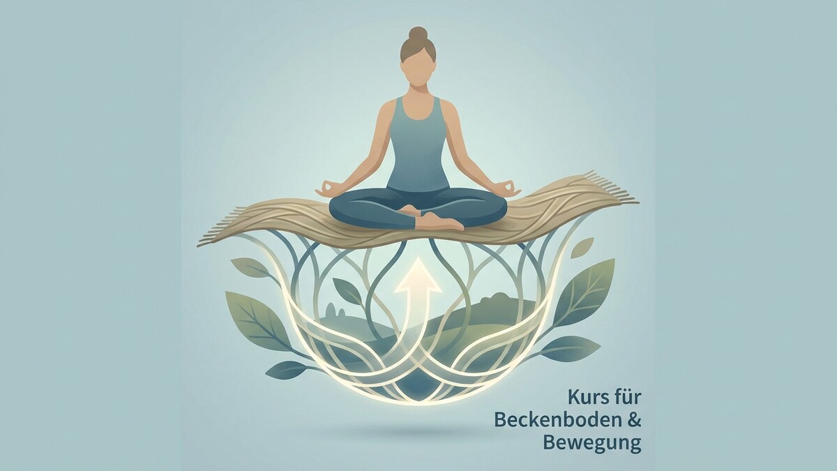 Frau in Lotussitz auf Baumwurzeln, Symbol für Beckenboden & Bewegung