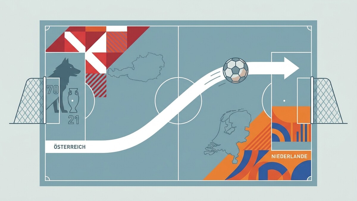 Fußballspiel Österreich gegen Niederlande mit Tor und Wolf-Symbol