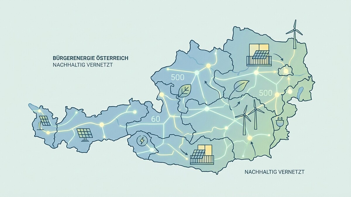 Bürgerenergie Österreich: Karte mit erneuerbaren Energiequellen und Vernetzung