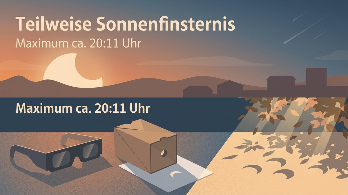 Sonnenfinsternis-Brille und Lochkamera im Schatten von Blättern vor untergehender Sonne