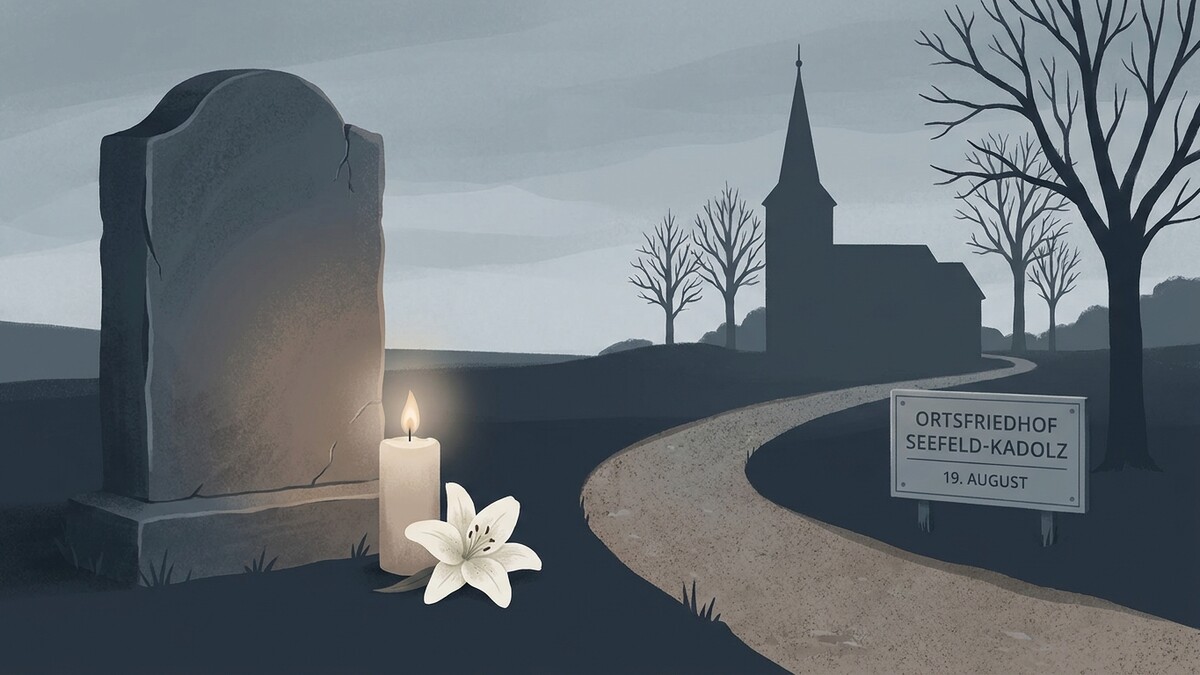 Friedhof Seefeld-Kadolz mit Grabstein, Kerze und Lilie vor Kirche