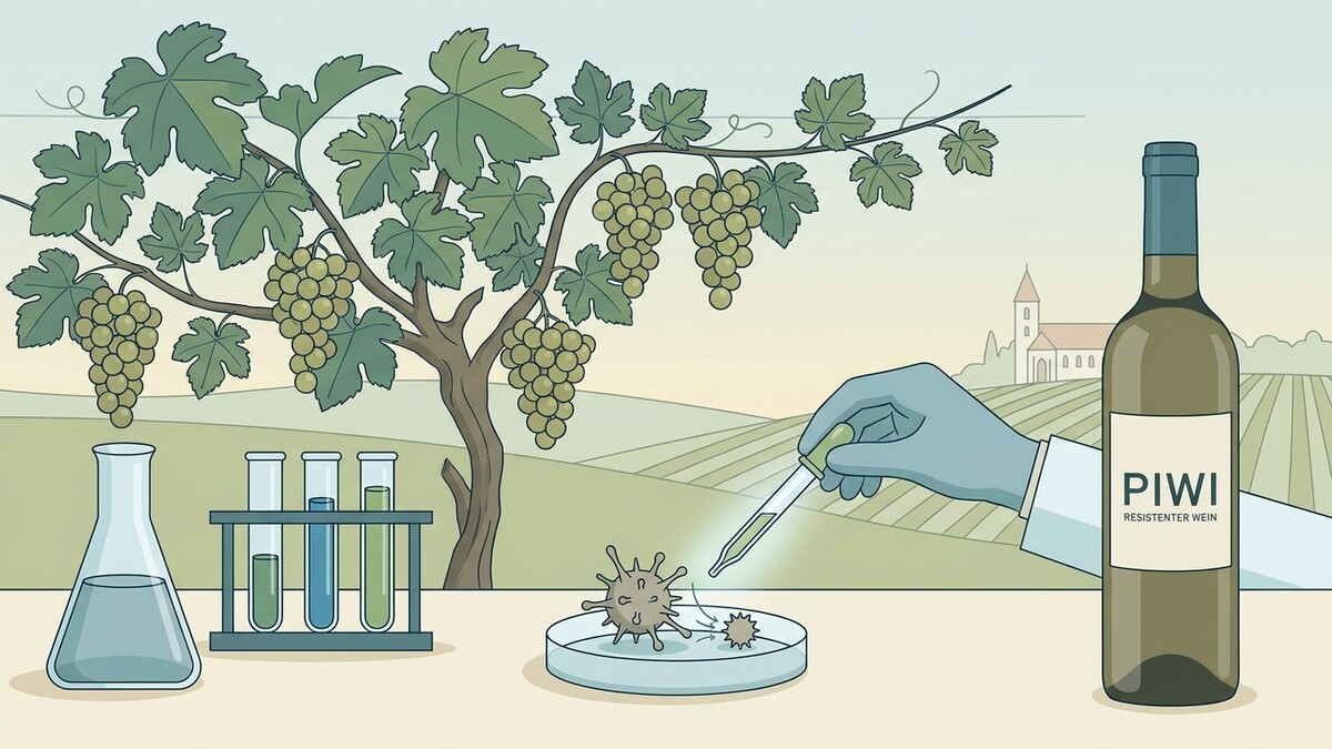 PIWI-Wein-Forschung: Trauben, Reagenzgläser, Pipette mit Flüssigkeit und Virus-Symbol