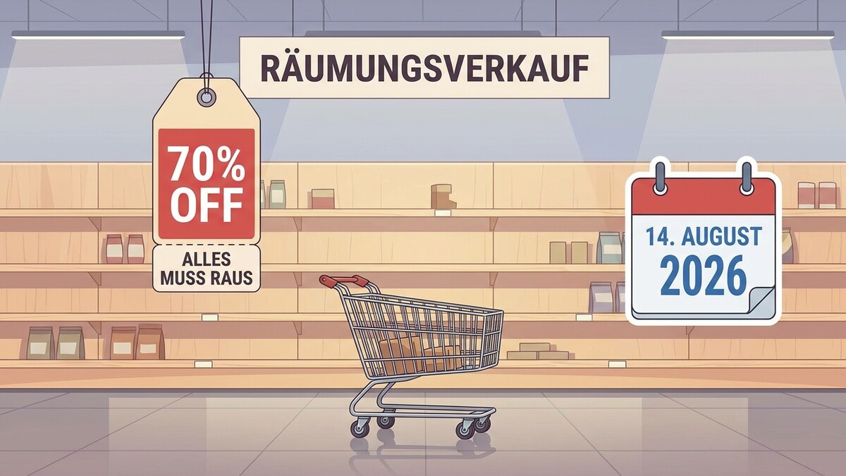 Räumungsverkauf mit 70% Rabatt und Kalenderblatt 14. August 2026
