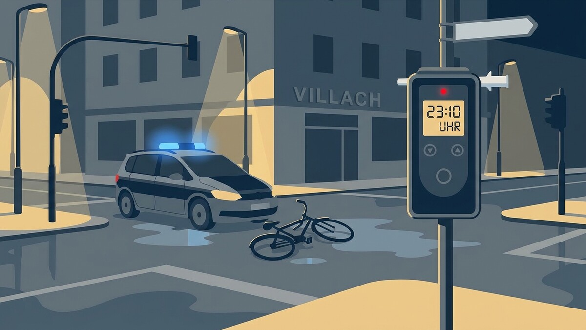Polizeiauto mit Blaulicht und umgekipptes Fahrrad auf der Straße in Villach