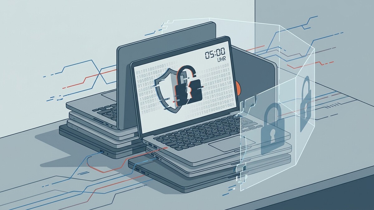 Cybersecurity Laptops mit Schloss-Symbol und binärem Code auf dem Bildschirm