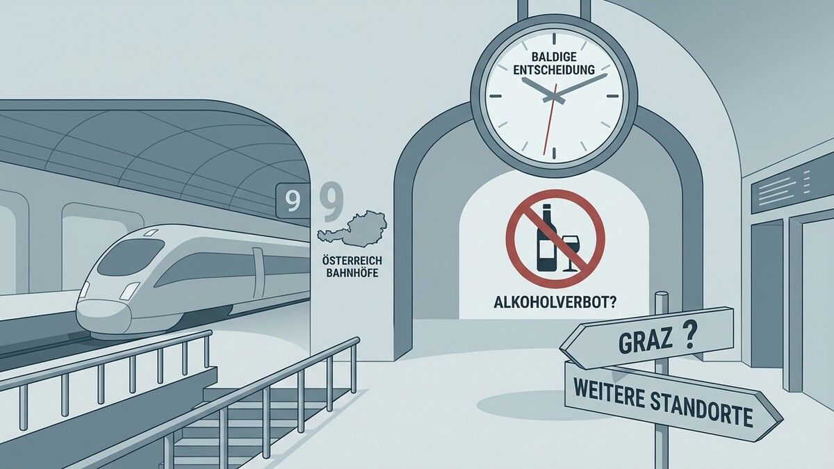 Österreichische Bahnhöfe mit Zug, Alkoholverbotschild, Uhr und Wegweisern nach Graz.