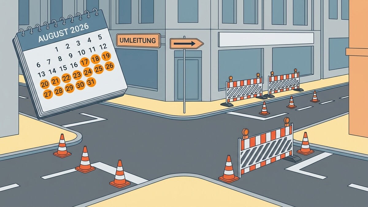 Umleitung August 2026 Kalender und Baustellenabsperrungen auf einer Straße in Österreich.
