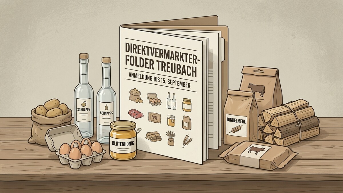 Direktvermarkter-Folder Treubach mit Produkten wie Schnaps, Eiern und Dinkelmehl
