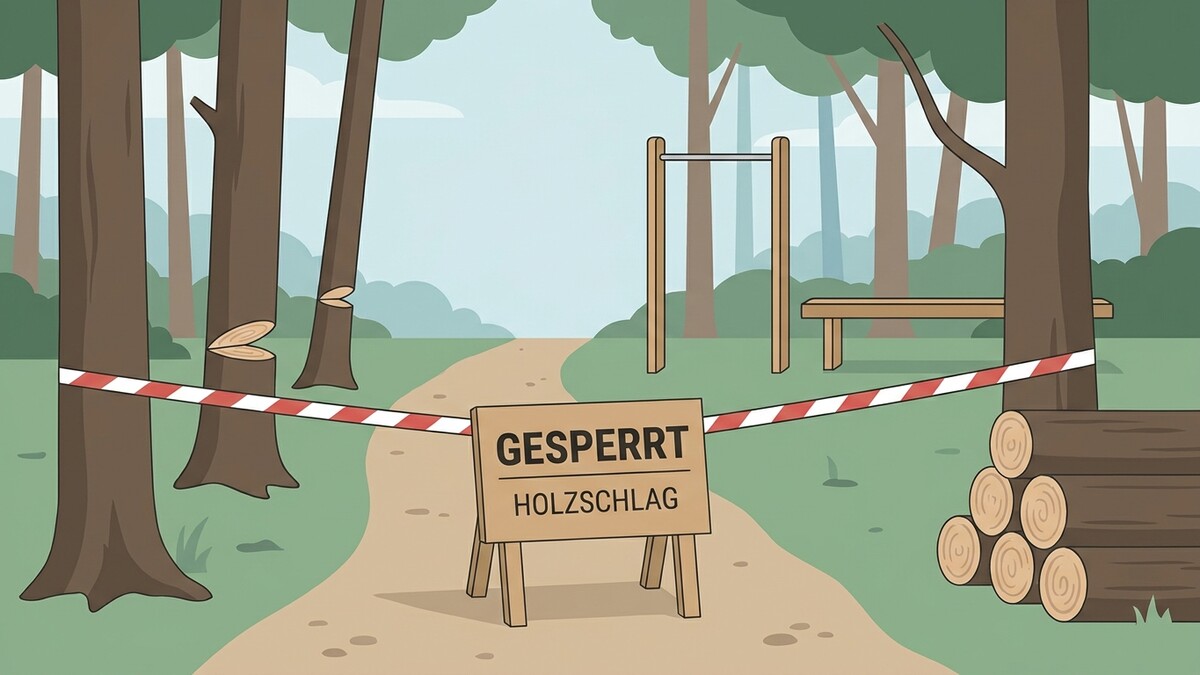 Holzschlag im Wald: Absperrband mit Schild „Gesperrt Holzschlag“, Holzstapel und Turngeräte