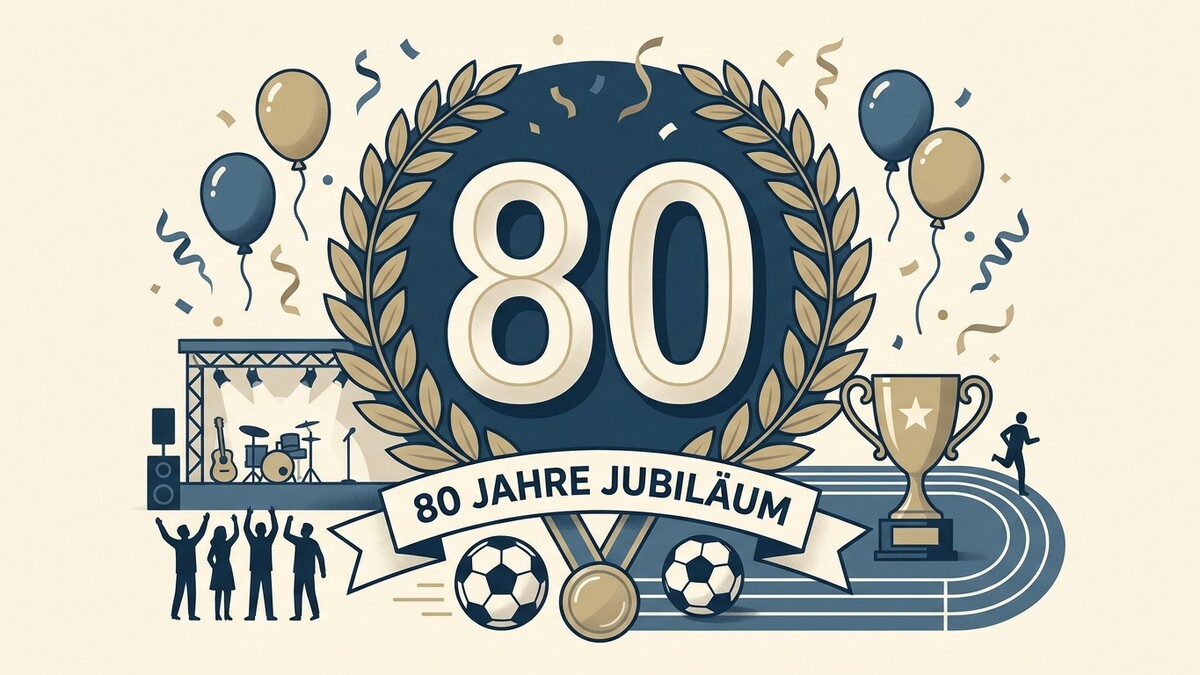 80 Jahre Jubiläum mit Fußball, Trophäe und Musikbühne